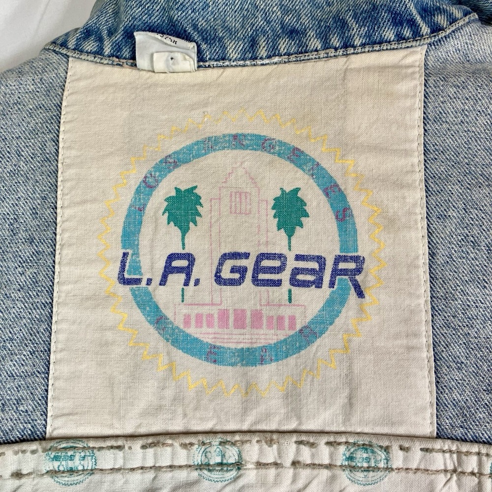 Vintage L.A. Gear Denim Jacket Cropped 80s 90s Logo Patch Teal Pink Y2K Style M - Picture 15 of 16
